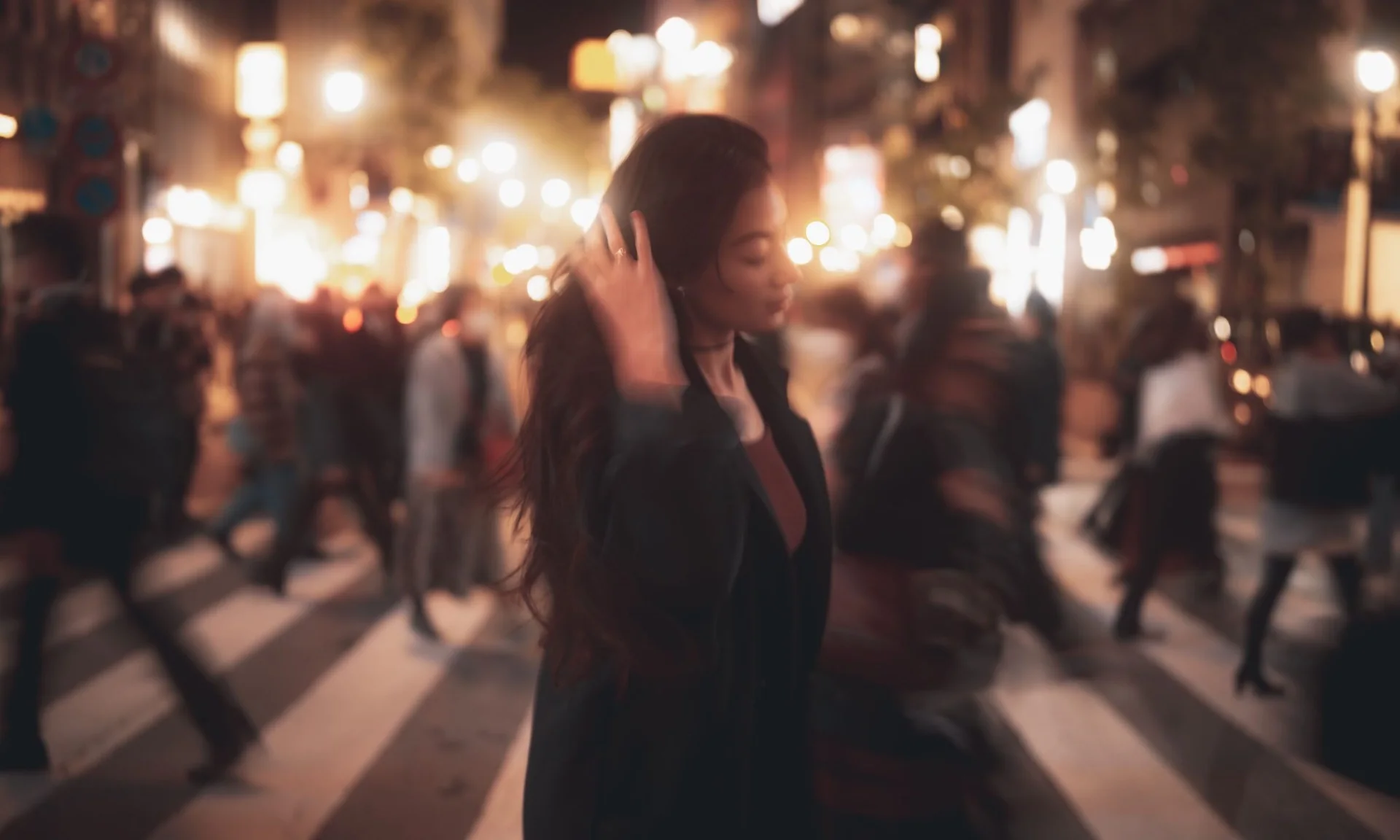 A woman on a Tokyo crossing at night, the city lights behind her blooming through a NiSi Black Mist filter