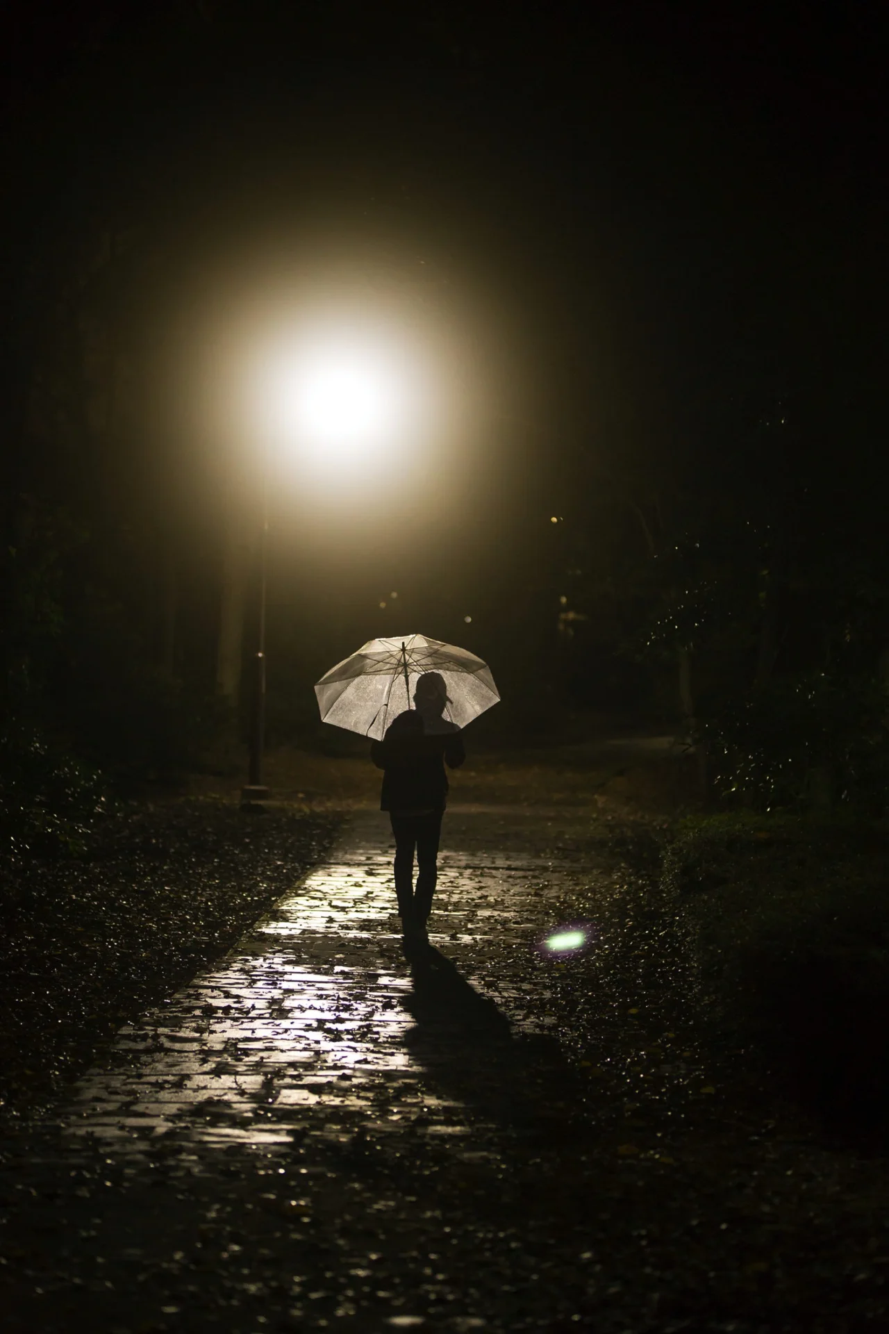 A figure with a clear umbrella under a street lamp at night, the lamp blooming into a soft halo