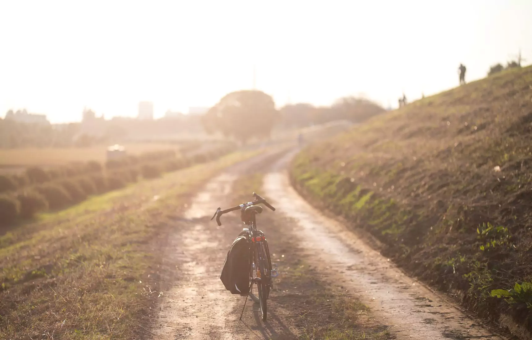 A bicycle on a dirt path at sunset, the low sun hazing across the frame