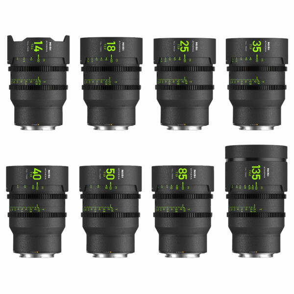 NiSi ATHENA PRIME Full Frame Cinema Lens MASTER Kit with 8 Lenses 14mm T2.4, 18mm T2.2 , 25mm T1.9, 35mm T1.9, 40mm T1.9, 50mm T1.9, 85mm T1.9, 135 T2.2 + Hard Case (G Mount | No Drop In Filter) G Mount | NiSi Filters Australia | 2