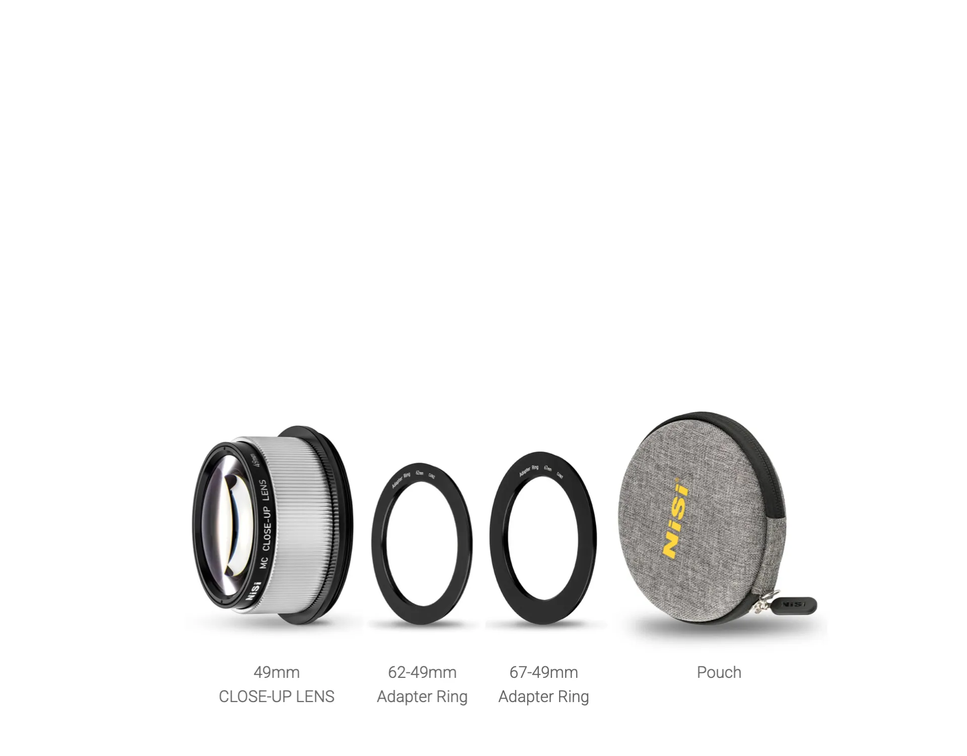 Contents of the NiSi Close Up Lens Kit NC 49mm: the lens, 62mm and 67mm adaptor rings, a front lens cap and a pouch