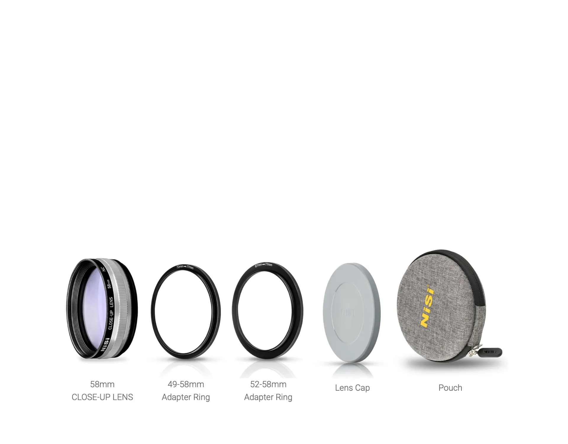 Contents of the NiSi Close Up Lens Kit NC 58mm: the lens, 49mm and 52mm adaptor rings, a lens cap and a pouch