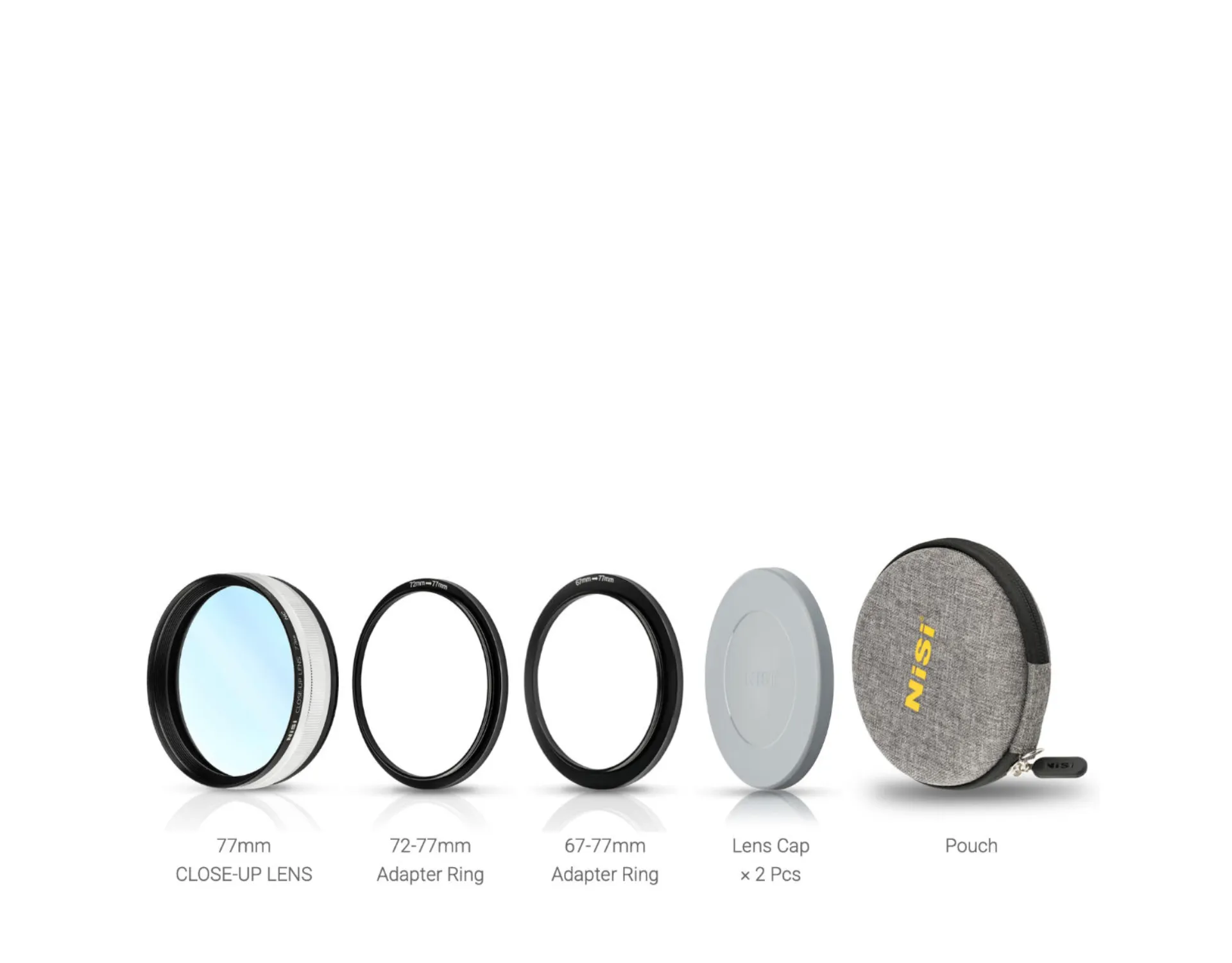 Contents of the NiSi Close Up Lens Kit NC 77mm: the lens, 72mm and 67mm adaptor rings, two lens caps and a pouch