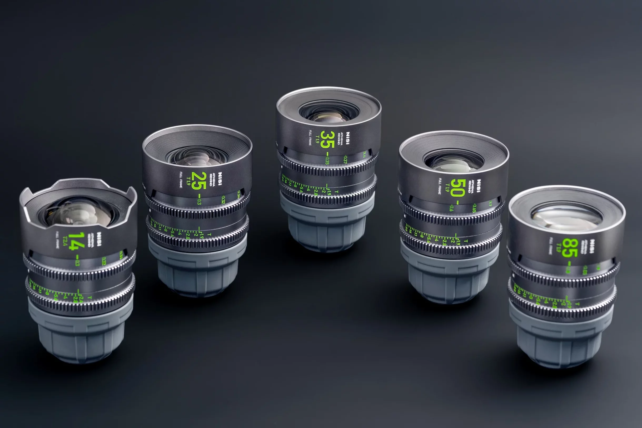 NiSi Athena Prime Rewind cinema prime lenses full lineup in white and black housing