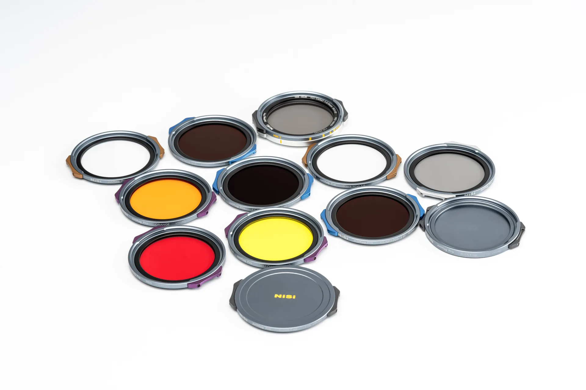 The full range of NiSi JetMag Pro 49MAG filters laid out on white