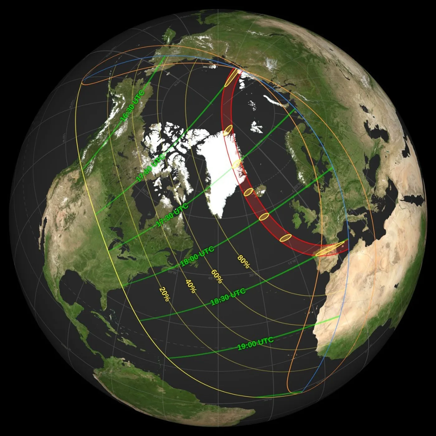 NASA map of the 12 August 2026 total solar eclipse showing the red path of totality across Greenland, Iceland and northern Spain, with yellow partial eclipse percentage lines across North America and Europe