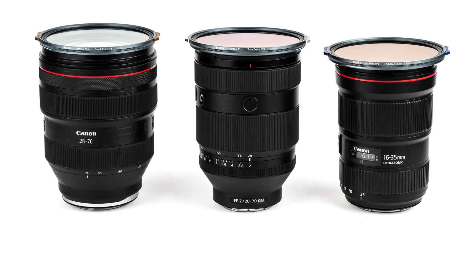 Three large zoom lenses, each fitted with a 95MAG filter