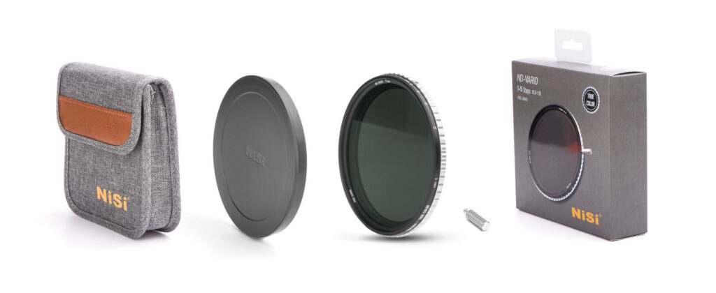 What comes with a NiSi True Color ND-VARIO filter: a grey filter pouch, a push-on front cap, the filter itself, the silver rotation handle and the retail box