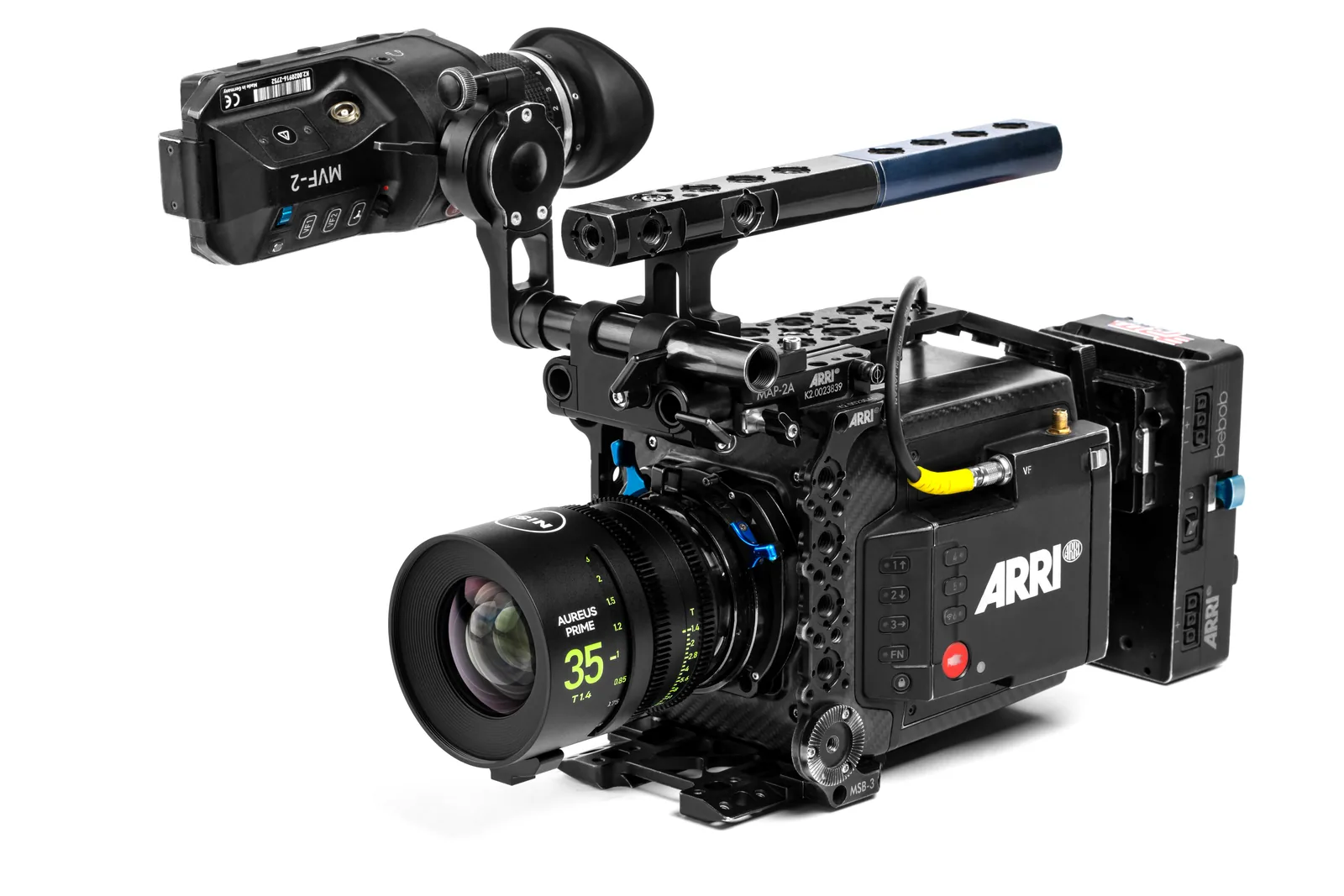 An AUREUS PRIME 35mm lens on an ARRI cinema camera, on white