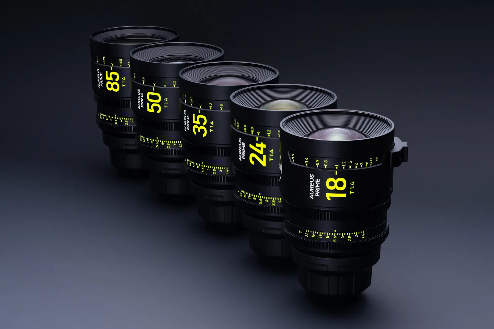 The AUREUS PRIME set of 18mm, 24mm, 35mm, 50mm and 85mm lenses on a dark surface